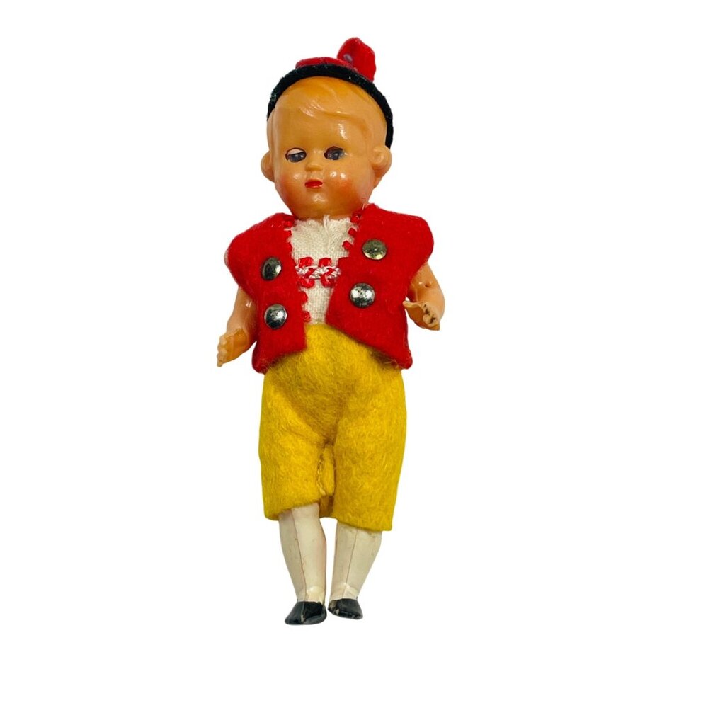 3" Doll With Red Vest Yellow Pants & Black Hat Painted Face Movable Arms & Legs